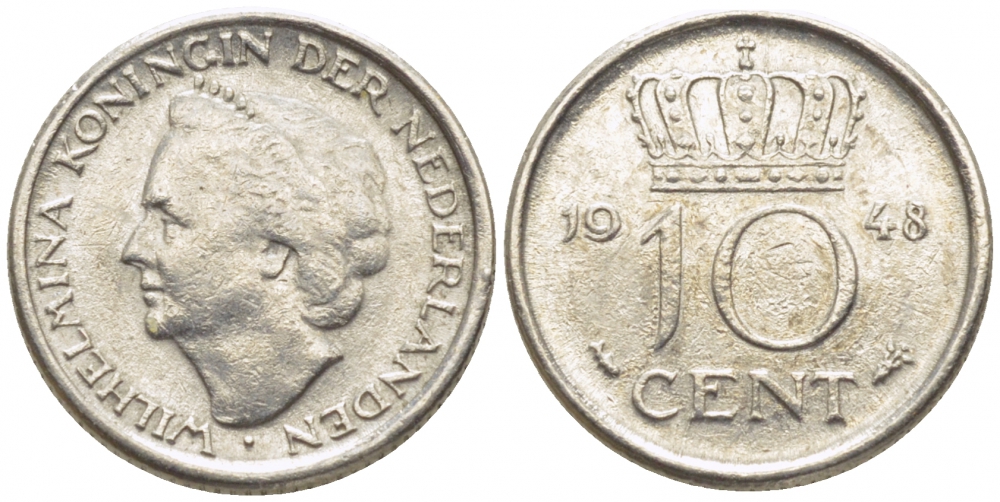 Нидерланды 10 центов 1948 Вильгельмина (1895-1948) KM 177 никель 112-253