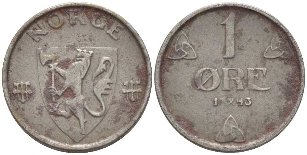 НОРВЕГИЯ 1 ЭРЕ 1943 ХОКОН VII (1905-1957), вторая мировая война KM 387 железо 3309-717