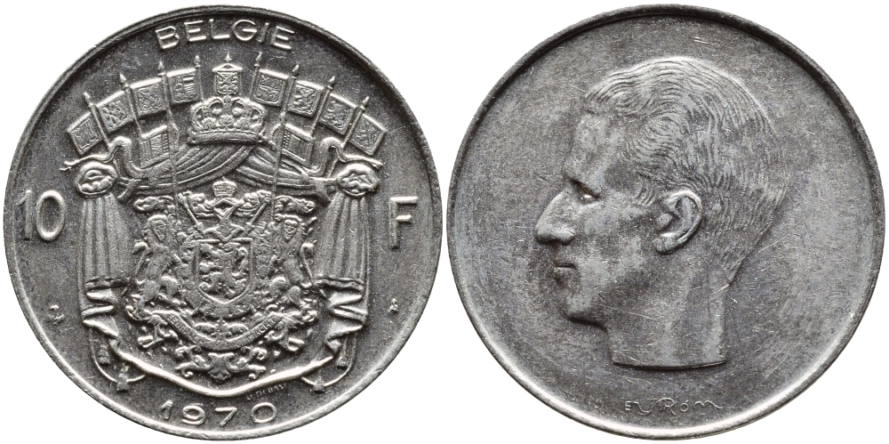БЕЛЬГИЯ 10 ФРАНКОВ 1970 BELGIE, БОДУЭН I (1951-1993) KM 156.1 никель 63-854