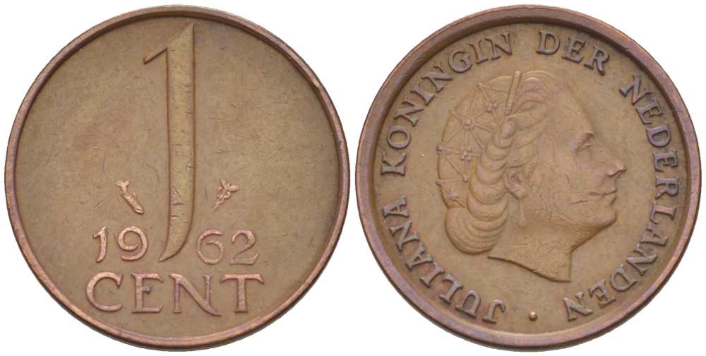 Нидерланды 1 цент 1962 Юлиана (1949-1980) KM 180 бронза 3955-124