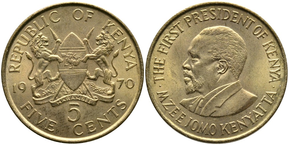 Кения 5 центов 1970 Джомо Кениата KM 10 никель латунь 4529-942