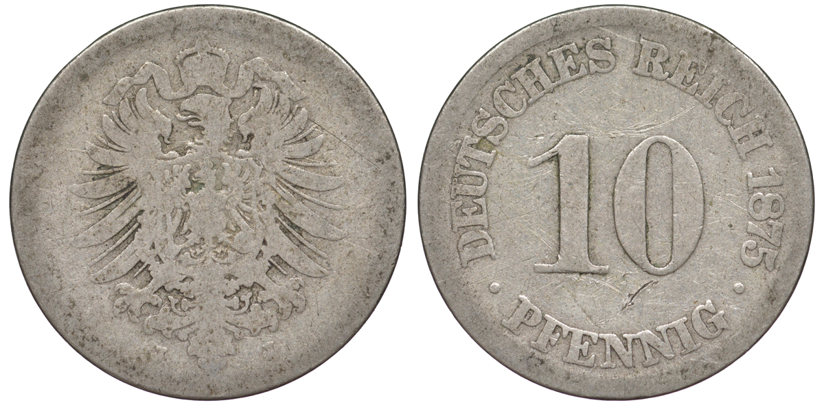ГЕРМАНИЯ 10 ПФЕННИГОВ 1875 J, СТАРОГЕРБОВКА, KM 4, J. 4 медно-никель 45-1223