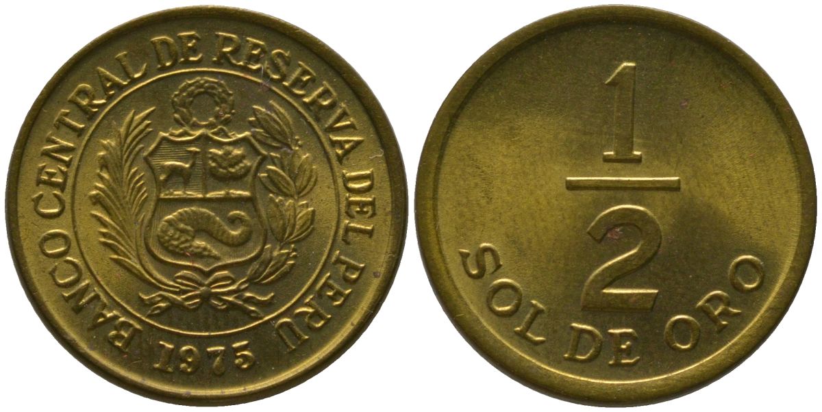 Перу 1/2 соль 1975 KM 265, Schon 65 латунь 4532-245