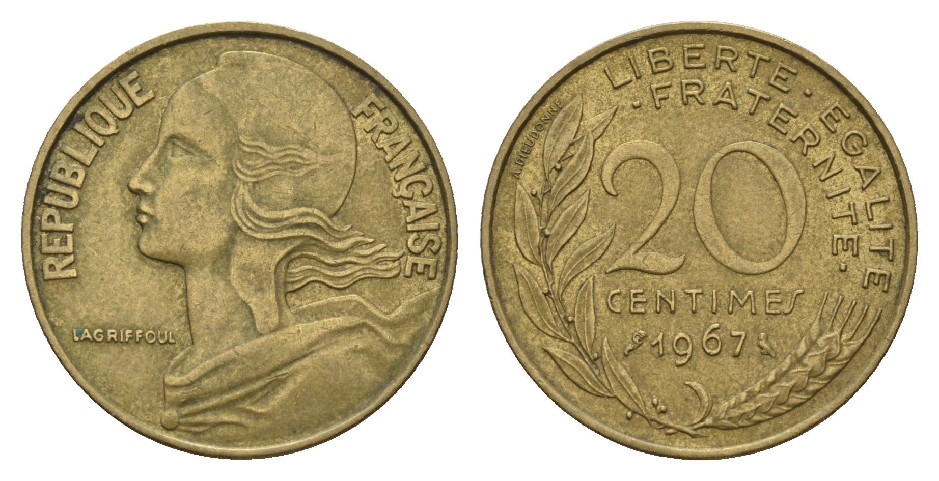 Франция 20 сантимов 1967 KM 930 алюминиевая бронза 3336-947