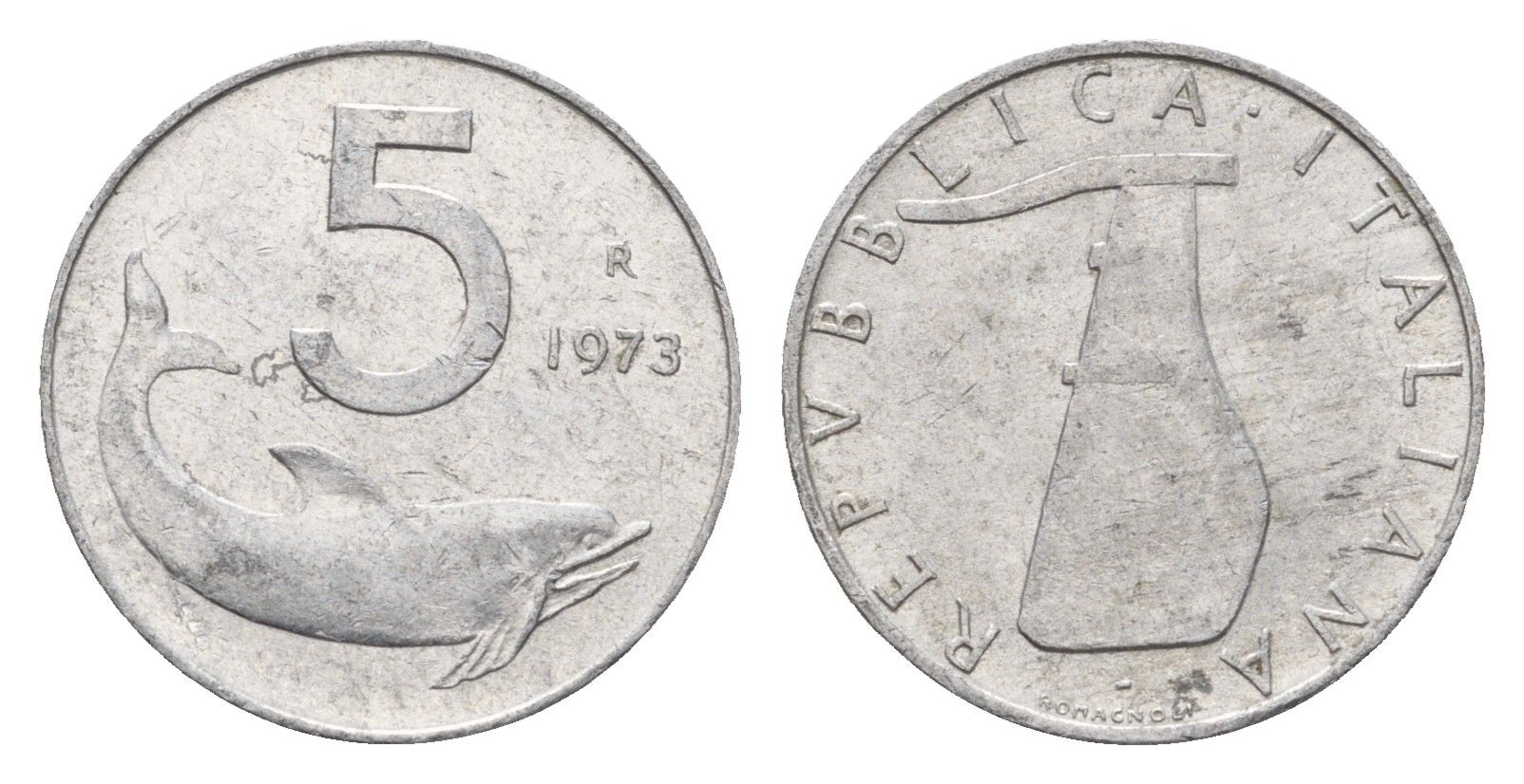 Италия 5 лир 1973 R, плуг, дельфин KM 92 алюминий 188-1229