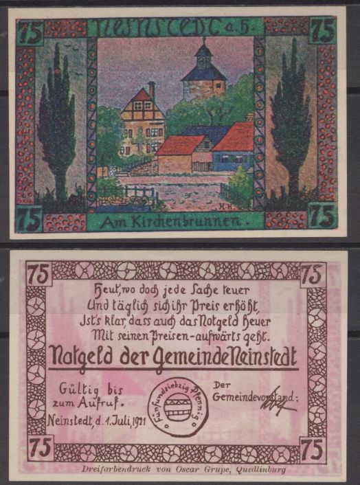 Найнштедт 75 пфеннигов 1921 DeNG 2 933.1a-4/4 бумага UNC (пресс) 8612-51-2-1