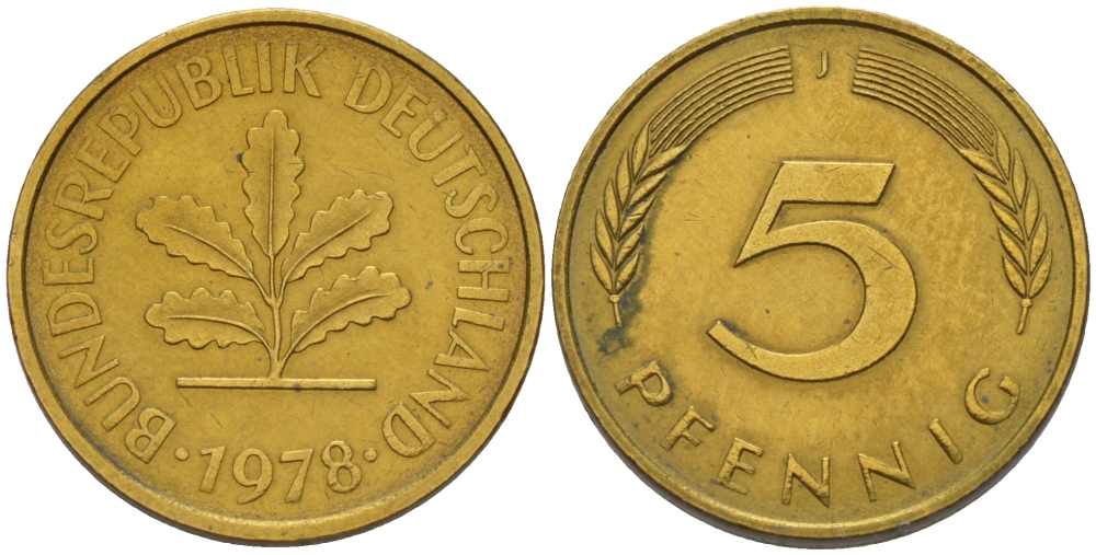 ФРГ 5 ПФЕННИГОВ 1978 J KM 107, J.382 сталь плакированная латунью 66-445