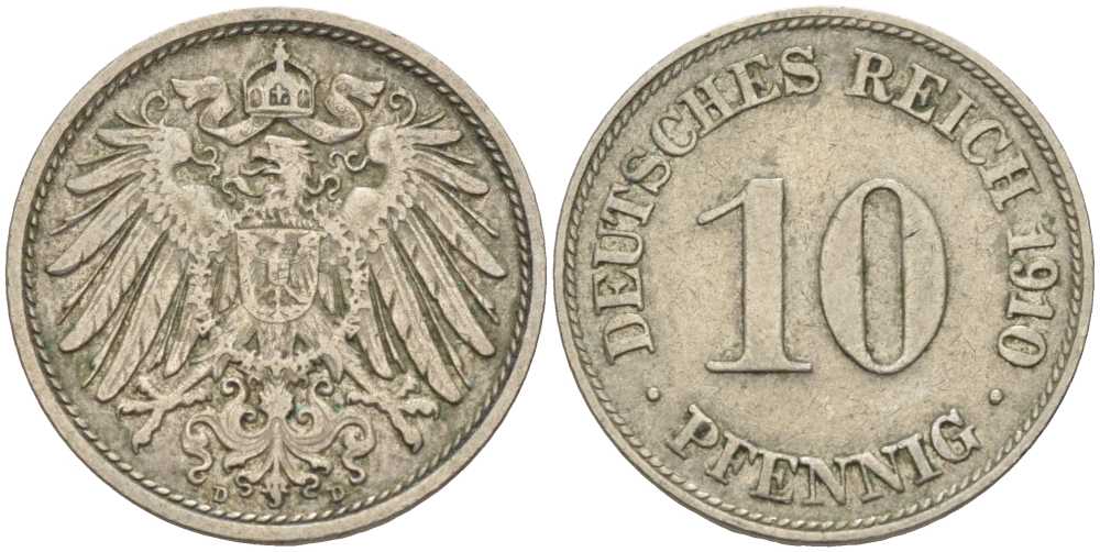 ГЕРМАНИЯ 10 ПФЕННИГОВ 1910 D KM 12, J. 13 медно-никель 31-1114