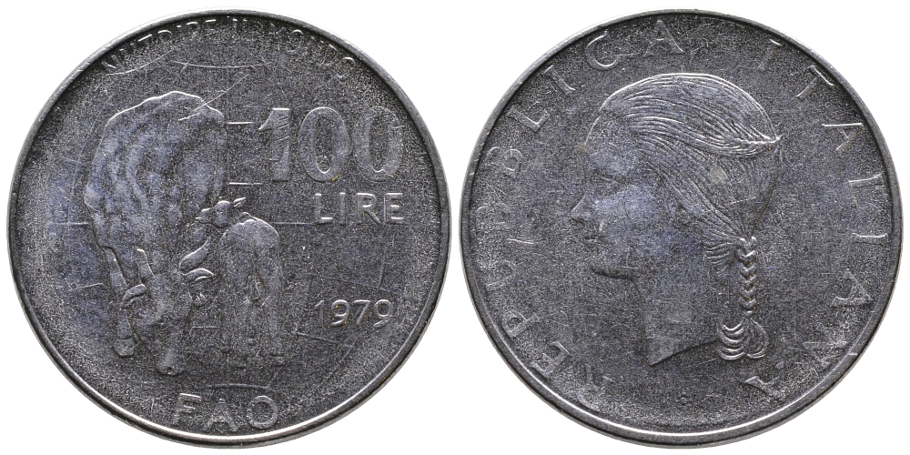 Италия 100 лир 1979 R, FAO, корова с теленком KM 106 нержавеющая сталь 83-1924