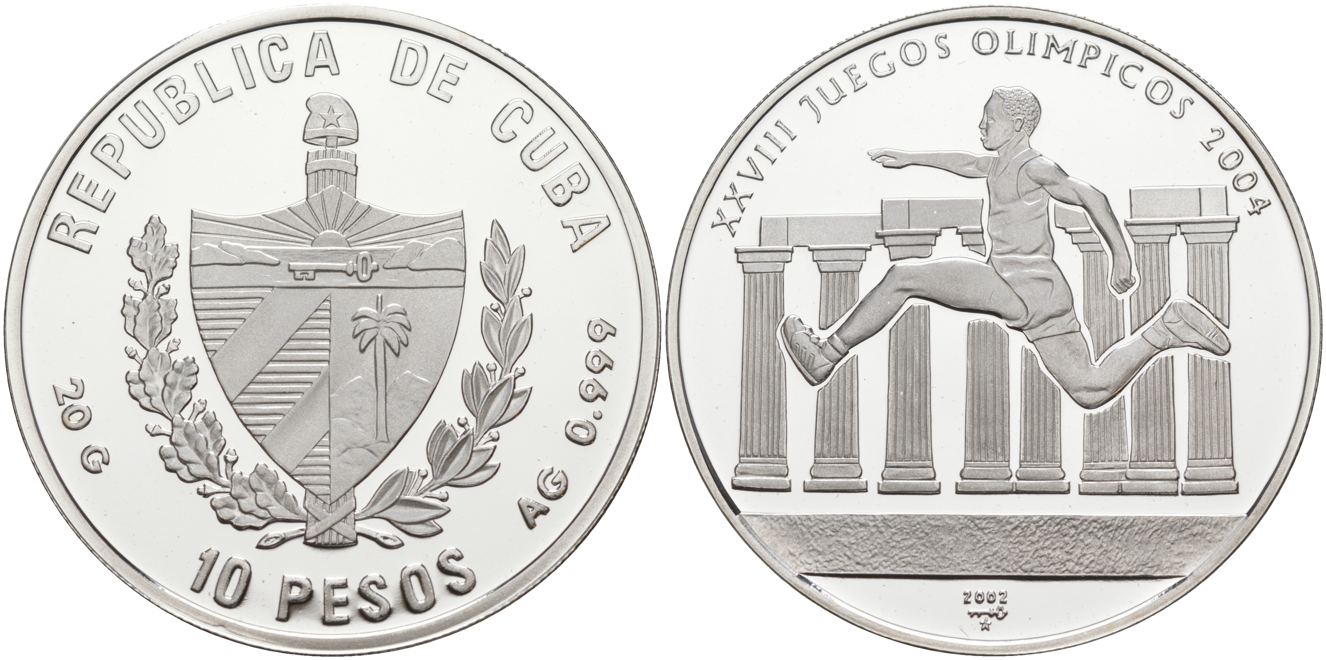 Куба 10 песо 2002 XXVIII Олимпийские игры в Афинах 2004 года, бег KM 734 серебро PROOF 1074-3-41