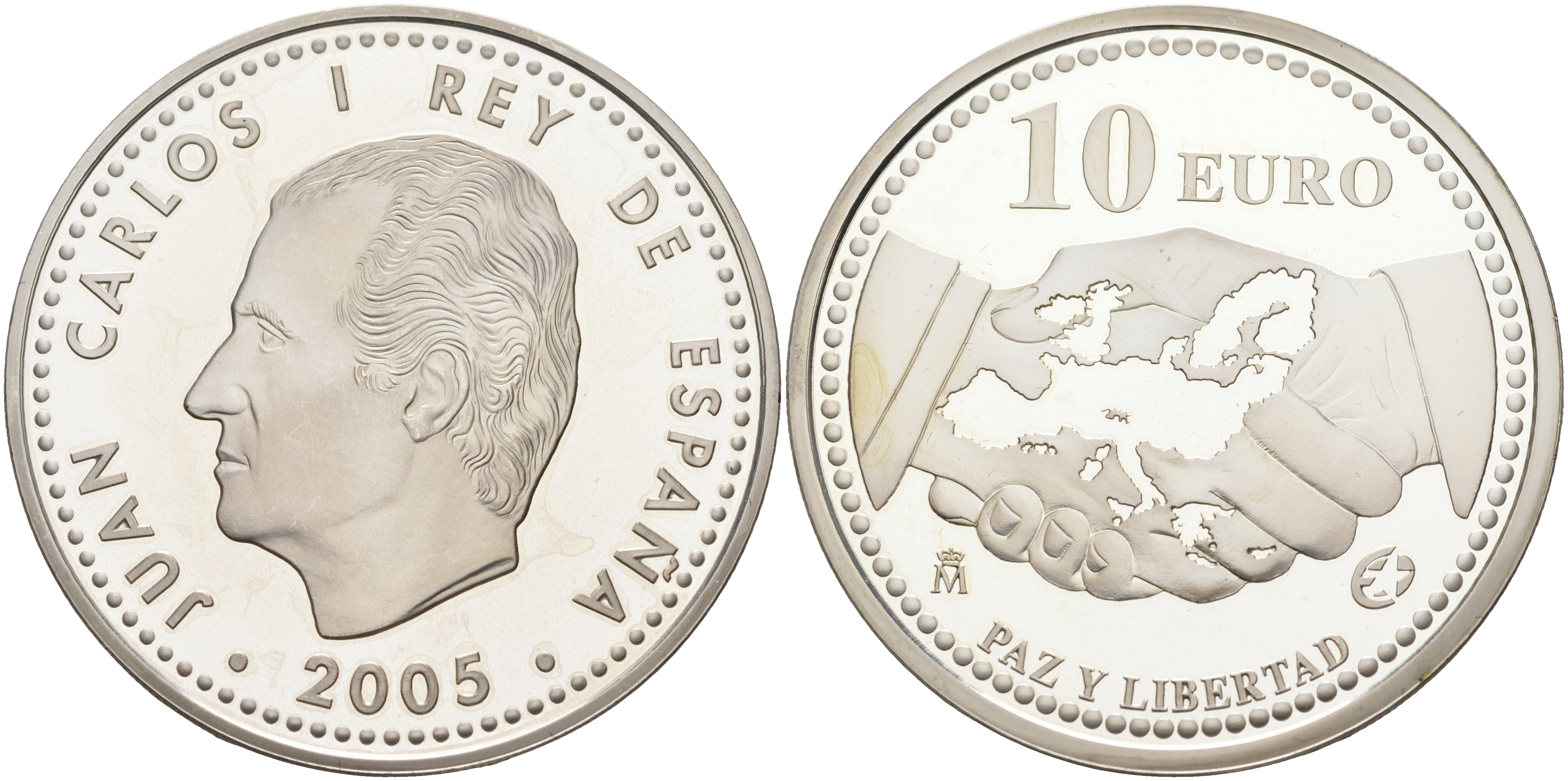 Испания 10 евро 2005 M, 60 лет миру и свободе в Европе KM 1065 серебро  PROOF  11-151-43