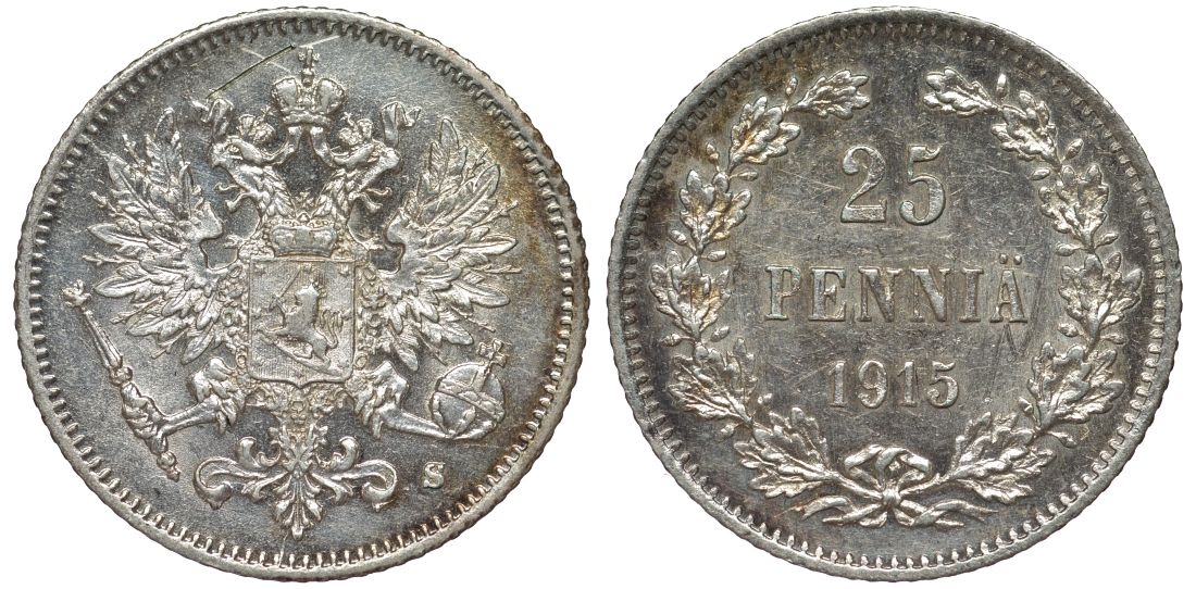 Россия для Финляндии 25 пенни 1915 S, Николай II (1894-1917) KM 6.2, Биткин 420 серебро 75-1214