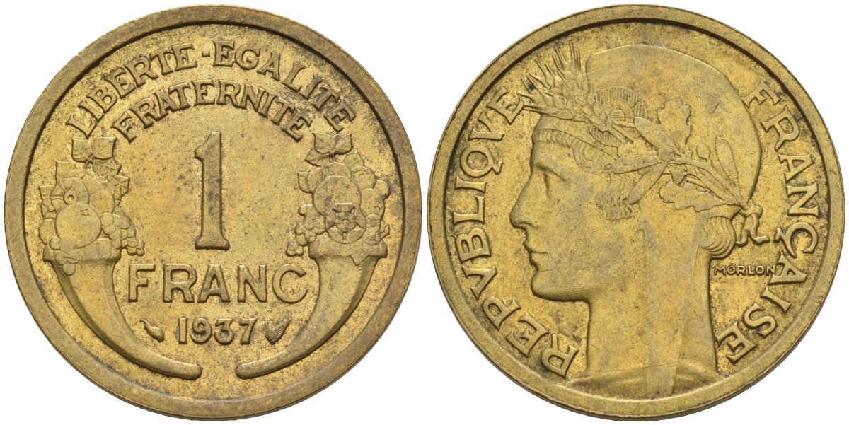 Франция 1 франк 1937 KM 885, Le Franc 219.2 алюминиевая бронза 4142-842