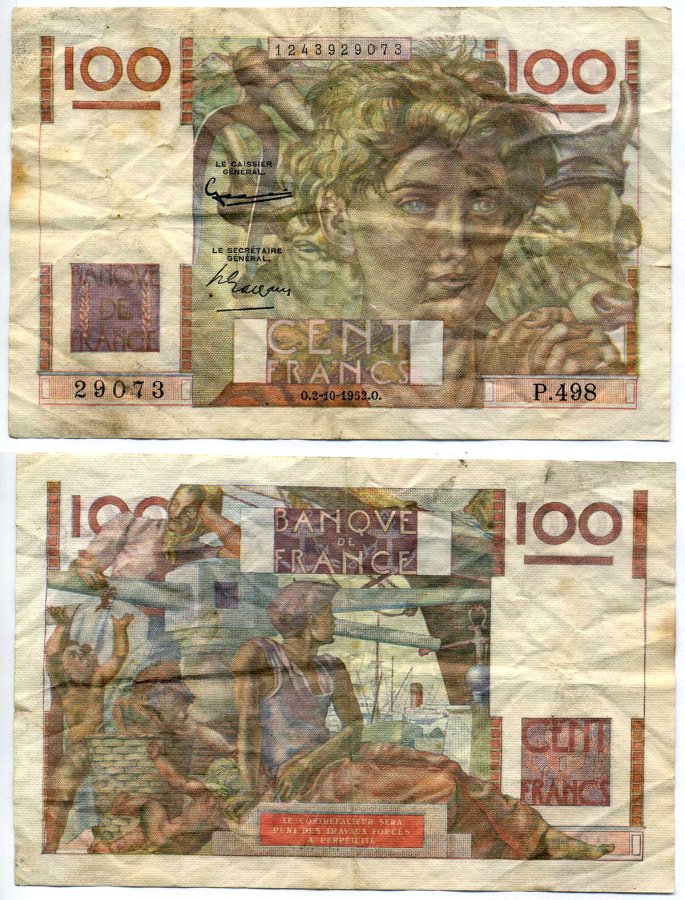 Франция 100 франков 1952 2 октября 1952, signatures: Rousseau & Gargam Pick 128b бумага 7215-20-1-2