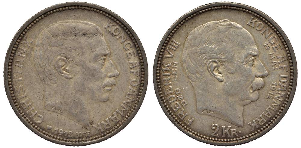 Дания 2 кроны 1912 VBP; АН, 14 мая 1912 на смерть Фредерика VIII и восшествию на престол Кристиана X KM 811 серебро 1522-645