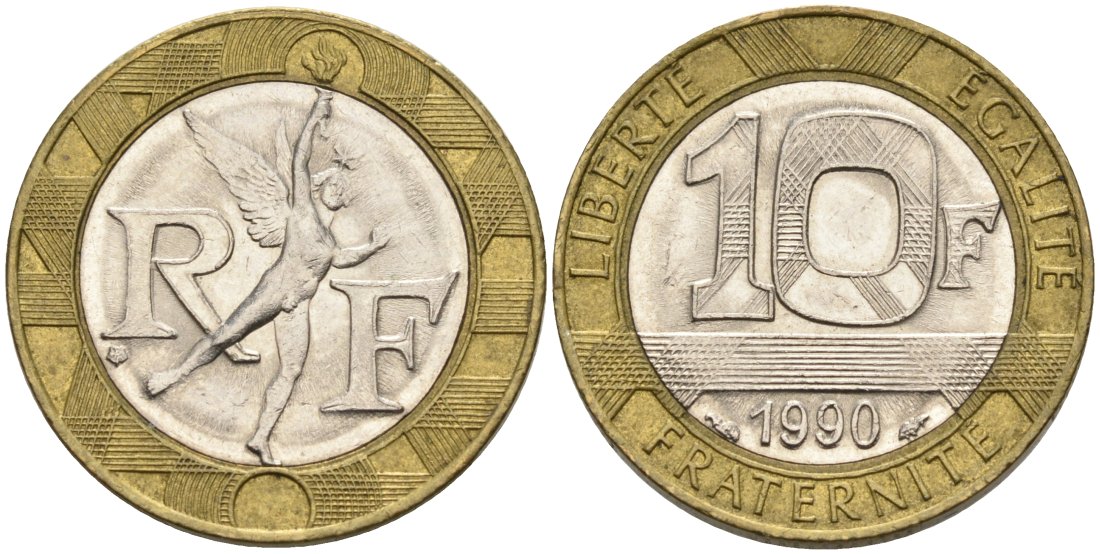 Франция 10 франков 1990 тип Гений Бастилии KM 964.1, Le Frank 375.5 биметалл 4573-1022