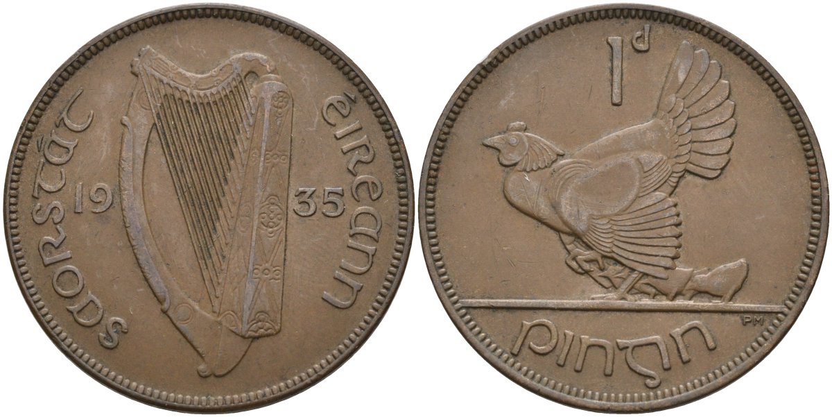 Ирландия 1 пенни 1935 курица с цыплятами KM 3 бронза 4137-646