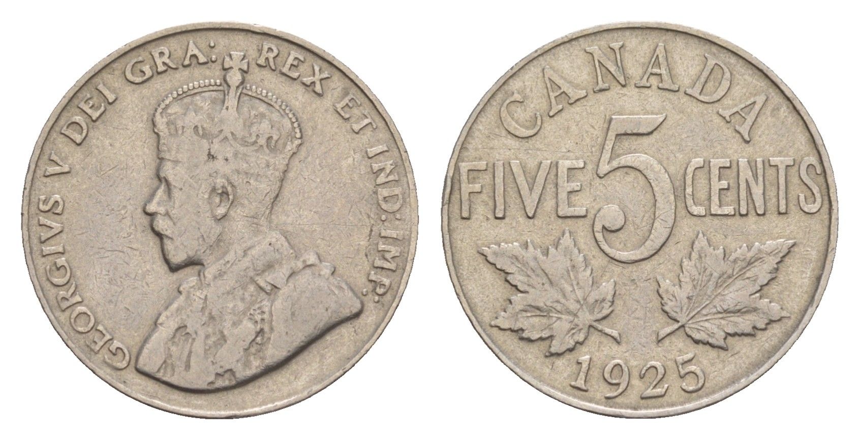 Канада 5 центов 1925 Георг V (1910-1936), редкий год - 201.921 экземпляров KM 29 никель 1518-1513