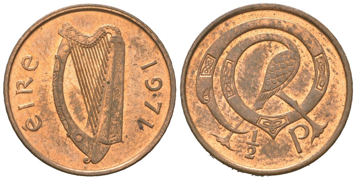 Ирландия 1/2 пенни 1971 мифологическая птица лира KM 19 бронза aUNC 4152-645