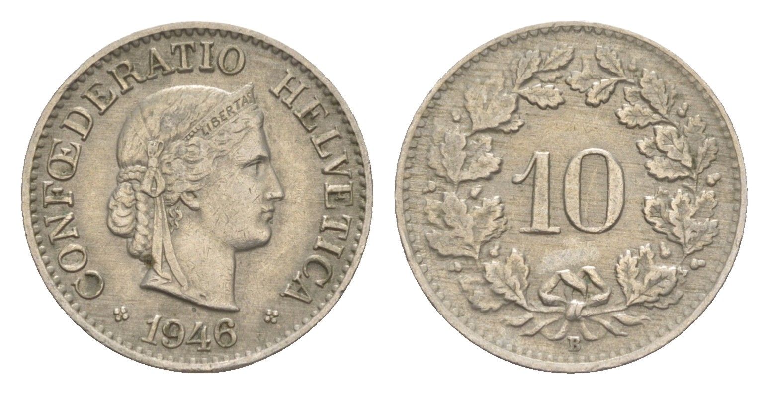 Швейцария 10 раппенов 1946 B KM 27 медно-никель 4532-1152