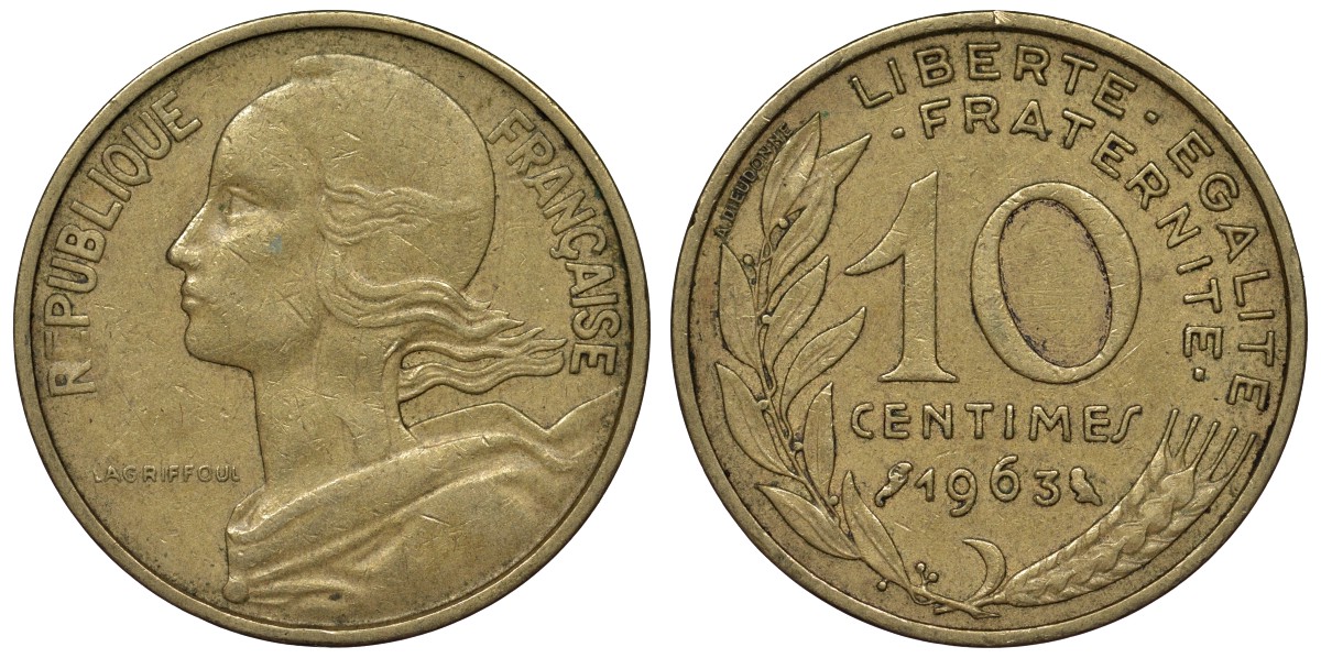 Франция 10 сантимов 1963 тип Marianne KM 929, Le Franc 144.3 медь алюминий никель 4128-153
