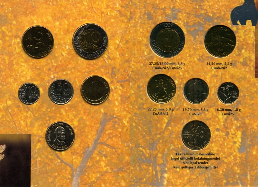 Финляндия госнабор из 5 монет плюс оригинальный жетон 1994 UNC 3-4-1-50