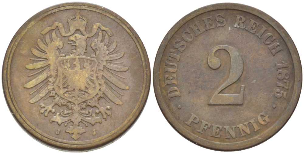 ГЕРМАНИЯ 2 ПФЕННИГА 1875 J, СТАРОГЕРБОВКА KM 2, J. 2, Weege 3 медь 212-542