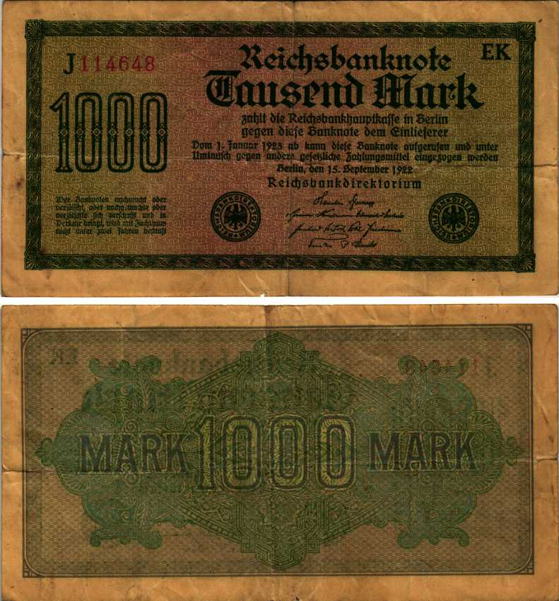 ГЕРМАНИЯ 1000 МАРОК 1922 15 СЕНТЯБРЯ 1922, ВОДЯНОЙ ЗНАК I, ЖЕЛТАЯ БУМАГА, СЕРИЯ EK Pick 76b, Rosenberg 75d бумага 7183-63-1-2