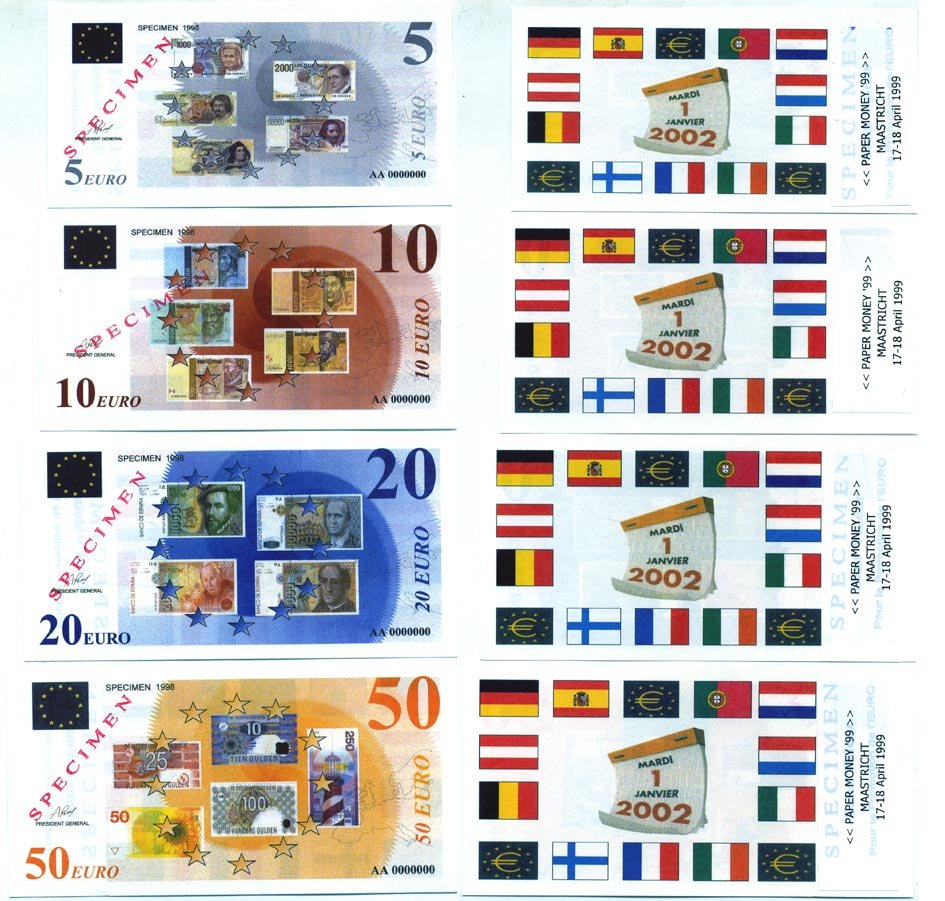 НИДЕРЛАНДЫ НАБОР ИЗ 7 БАНКНОТ 1998 (5, 10, 20, 50, 100, 200, 500 ЕВРО) SPECIMEN 1998, PAPER MONEY 99, MAASTRICHT (17-18 APRIL 1999) бумага UNC (ПРЕСС) 7146-38-3-1