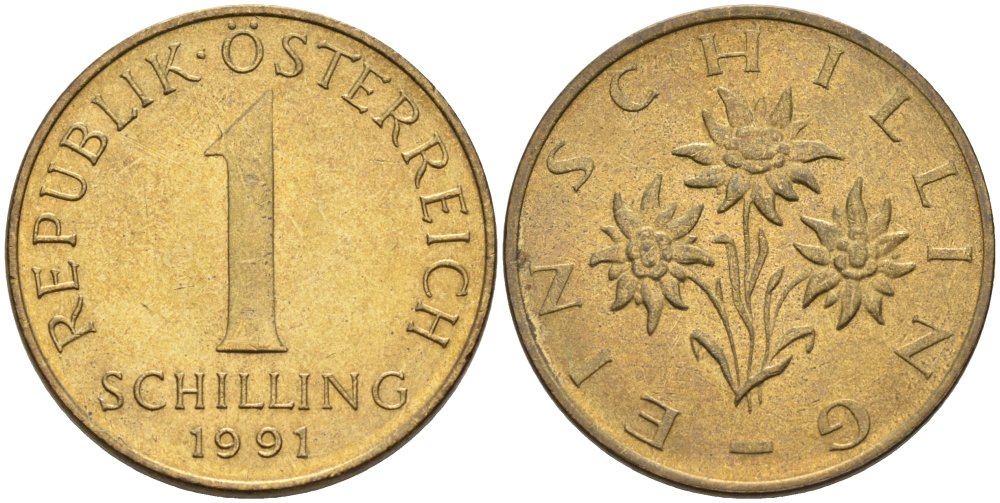 Австрия 1 шиллинг 1991 KM 2886 алюминиевая бронза 4575-351