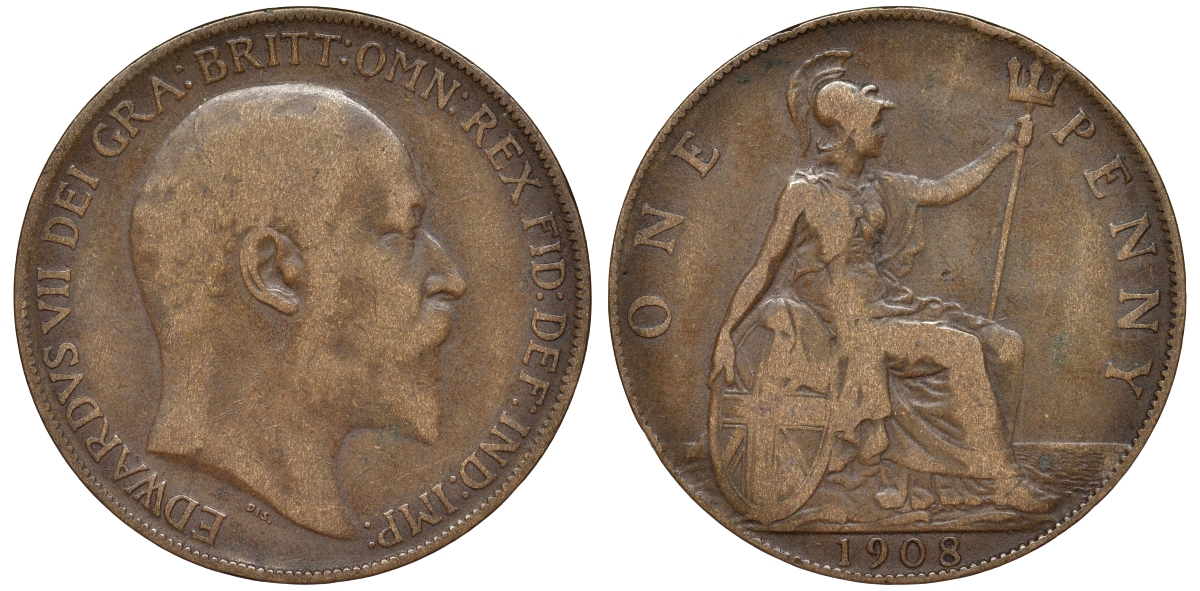 Великобритания 1 пенни 1908 Эдуард VII (1901-1910) KM 794.2, Sp 3990 бронза 4165-713