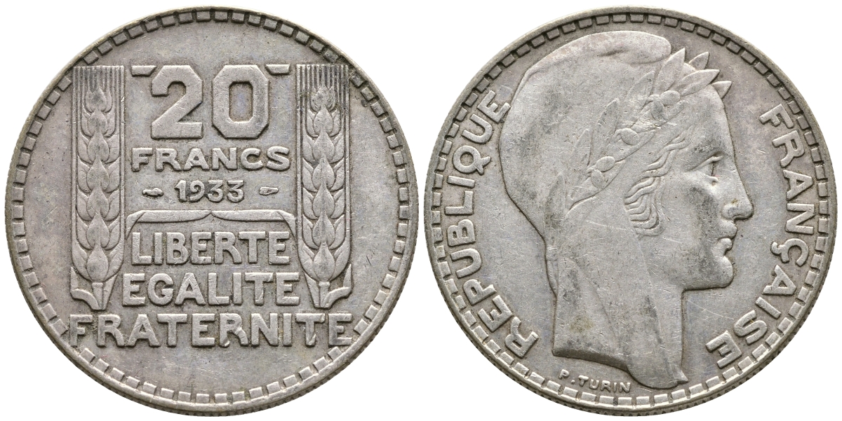 Франция 20 франков 1933 Пьер Тюрен KM 879, Le Franc 400.3 серебро 4386-422