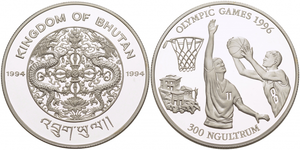 Бутан 300 нгултрумов 1994 XXVI летние Олимпийские Игры, Атланта 1996 - Баскетбол KM 73 серебро  PROOF 02-112-24