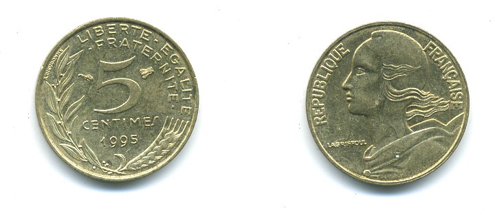 ФРАНЦИЯ 5 САНТИМОВ 1995 ТИП MARIANNE KM 933 медь алюминий никель 84-1558