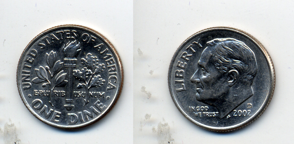 США 10 ЦЕНТОВ = 1 ДАЙМ 2002 РУЗВЕЛЬТ KM 195a медь плакированная медно-никелем 4388-1147