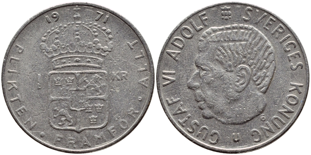Швеция 1 крона 1971 Густав VI Адольф (1950-1973) KM 826a медь плакированная медно-никелем 4388-1136