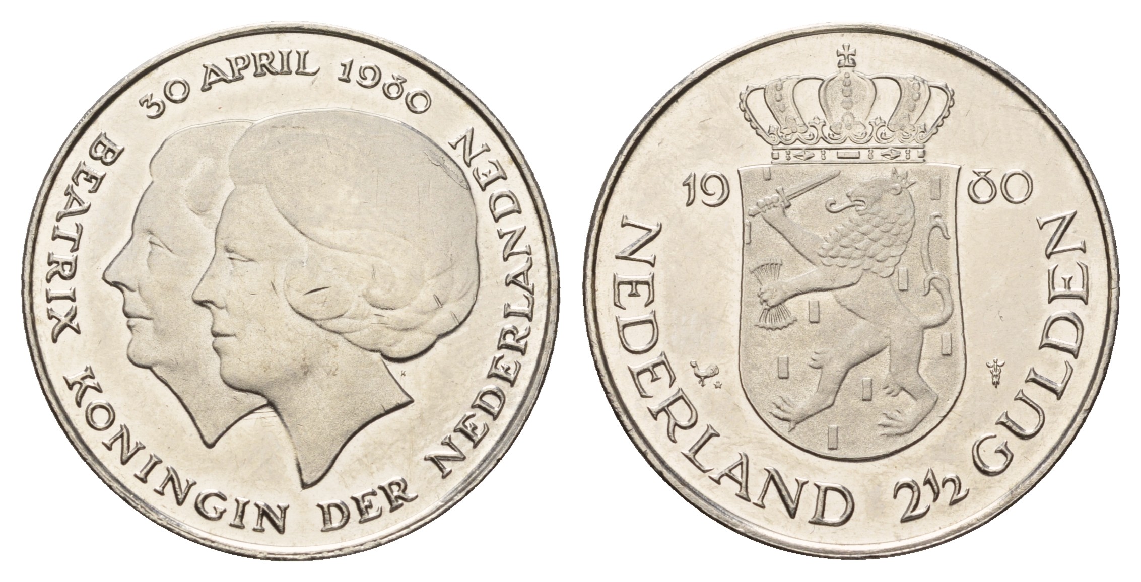 Нидерланды 2 1/2 гульдена 1980 коронация Беатрикс, 30 апреля 1980 KM 201 никель 4683-841