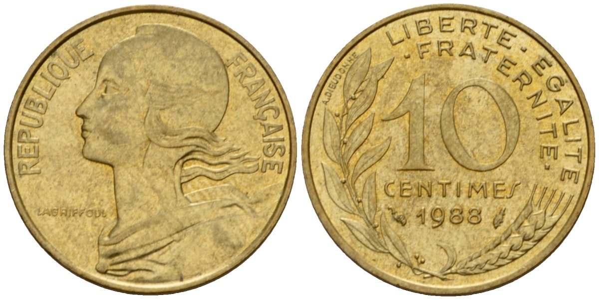 Франция 10 сантимов 1988 тип Marianne KM 929 алюминиевая бронза 4391-1035
