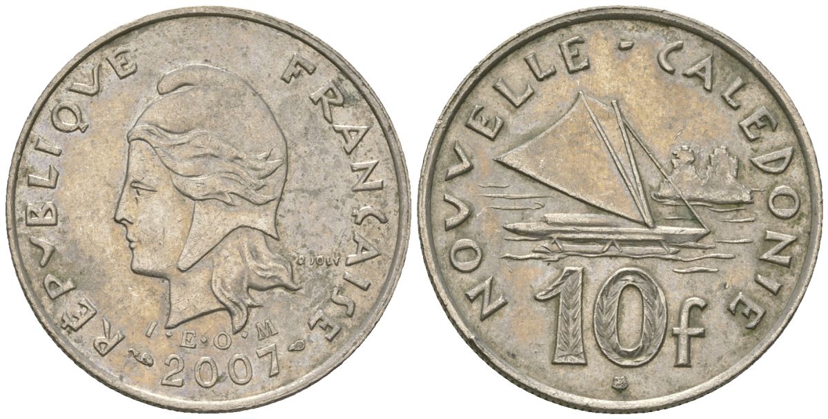 Французская Новая Каледония 10 франков 2007 рыбачья парусная лодка, (IEOM) KM 11a, Schoen 13a, Lec 99k медно-никель 56-335