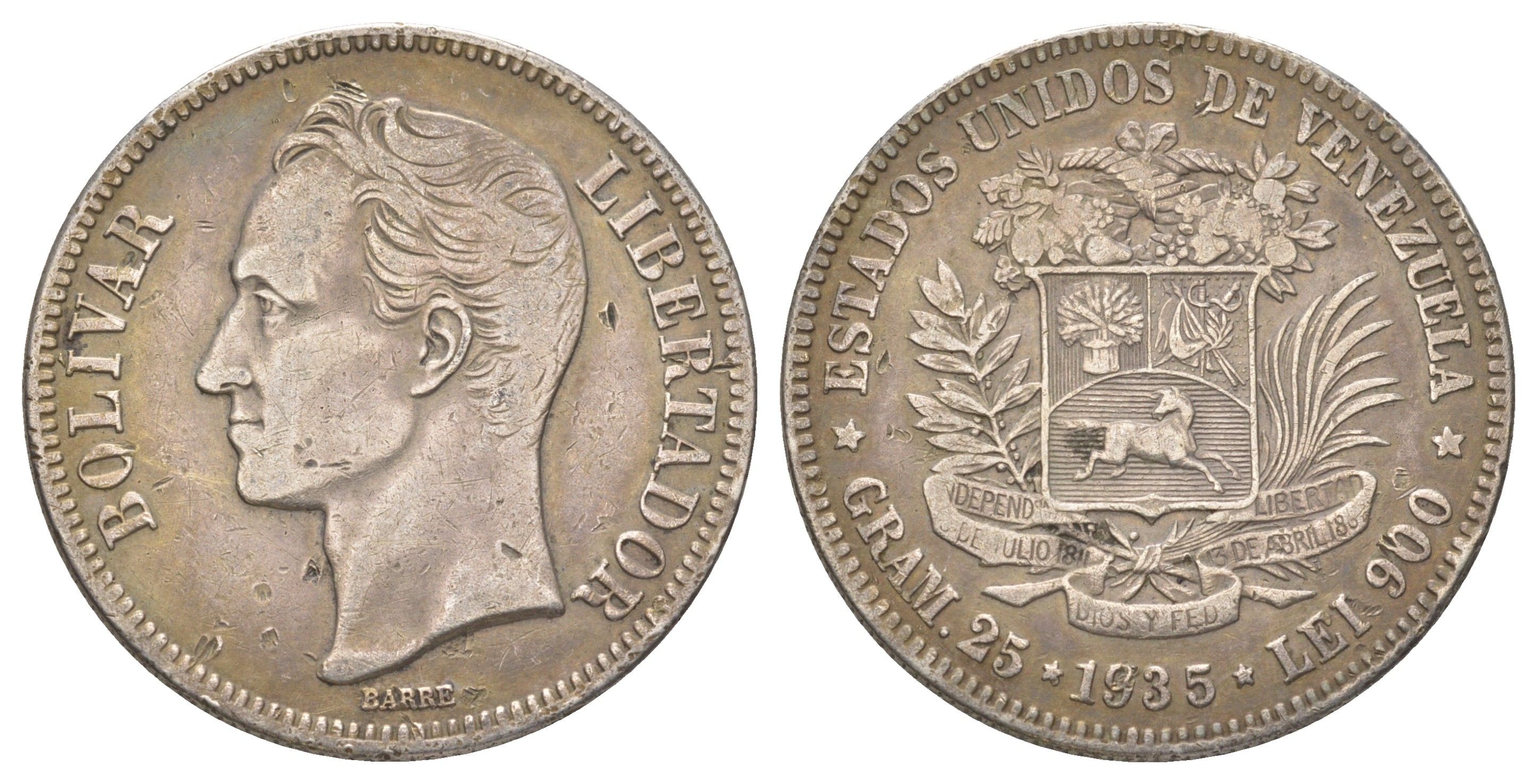 Венесуэла 5 боливаров 1935 Симон Боливар KM 24.2 серебро 3896-122