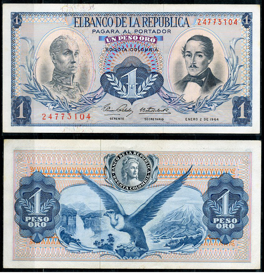 Колумбия 1 песо 1964 Симон Боливар, генерал Франсиско де Паула Сантандер, 2 января 1964 Pick 404 b  бумага  UNC (пресс) 7219-11-1-2