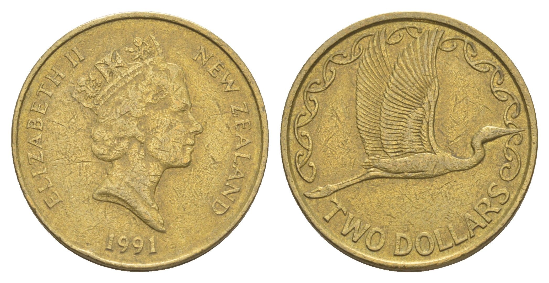 Новая Зеландия 2 доллара 1991 Елизавета II (1952-2022), большая белая цапля KM 79 алюминиевая бронза 4652-255