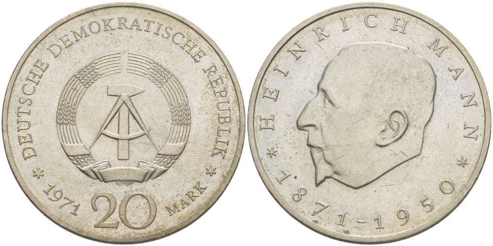 ГДР 20 марок 1971 А, 100 лет со дня рождения Генриха Манна (1871-1950) KM 33, J. 1531 медно-никель 4521-621
