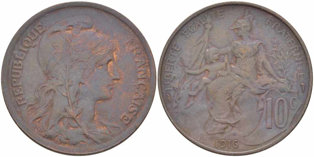 ФРАНЦИЯ 10 САНТИМОВ 1916 ТИП ДАНИЭЛЬ ДЮПЮИ KM 843, LA FRANC 136.27 бронза 109-423