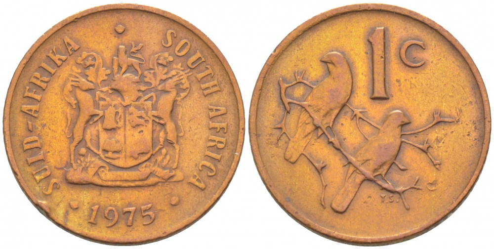 ЮАР 1 ЦЕНТ 1975 ГЕРБ, КАПСКИЕ ВОРОБЬИ KM 82 бронза 3309-321