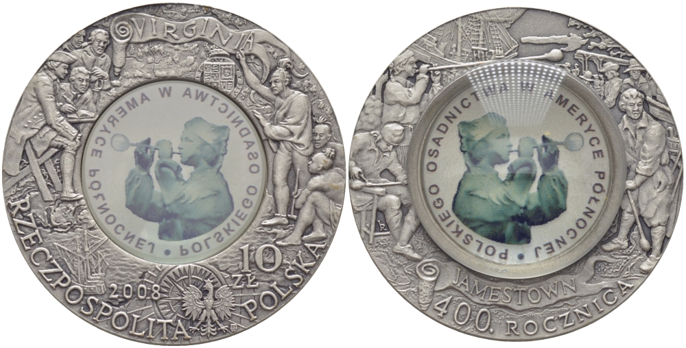Польша 10 злотых 2008 MW, 400 лет первой волны эмиграции поляков в США, стеклодувы KM 658 серебро PROOF 1074-5-11