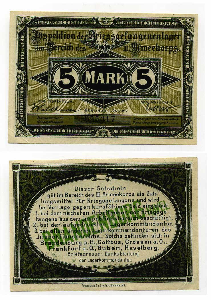 Германия 5 марок 1917 инспекция лагерей военнопленных в Бранденбурге, III-ий Армейский корпус C-2774 бумага UNC (пресс) 504-71-2-2