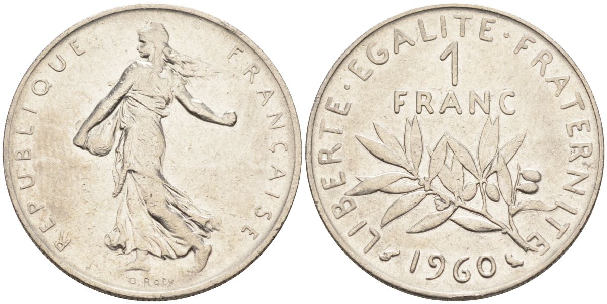 Франция 1 франк 1960 сеятель, тип Semeuse KM 925, Le Franc 226.5 никель 4592-1053