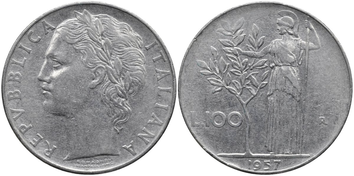 Италия 100 лир 1957 R, Афина в доспехах KM 96.1 нержавеющая сталь 4165-141