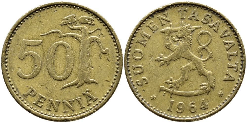 ФИНЛЯНДИЯ 50 ПЕННИ 1964 S KM 48 алюминиевая бронза 4364-2644
